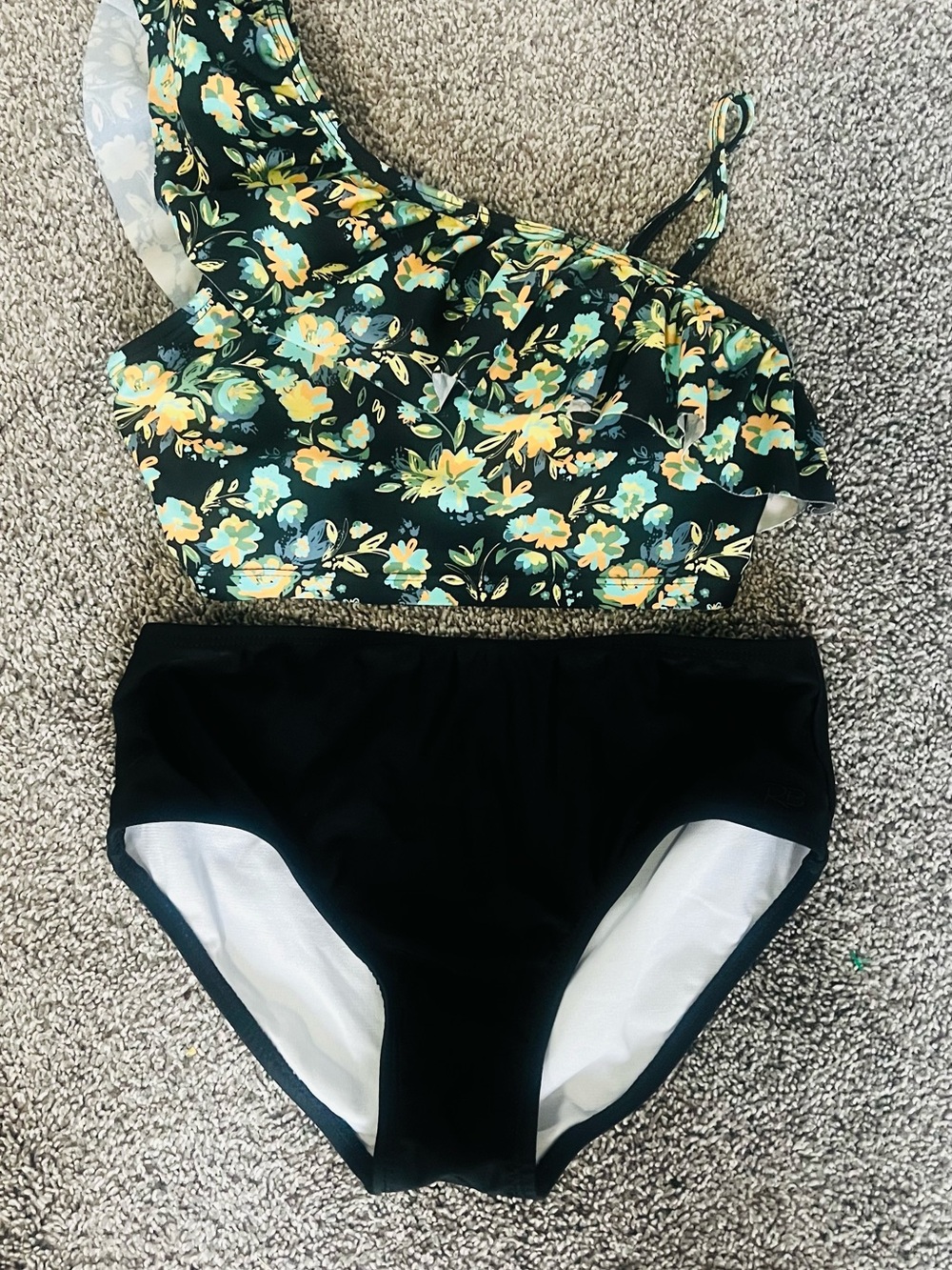 Ruffle Butts Black Floral Ruffle Two-Piece Bikini with Yellow Accents
